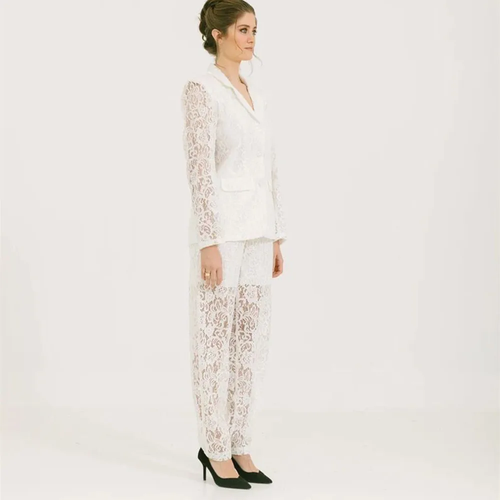 White Lace Women Blazer Suits 2 Pieces Illusion Notched Lapel Slim Fit Jacket Custom Made Pencil Pants Daily Casual Dress