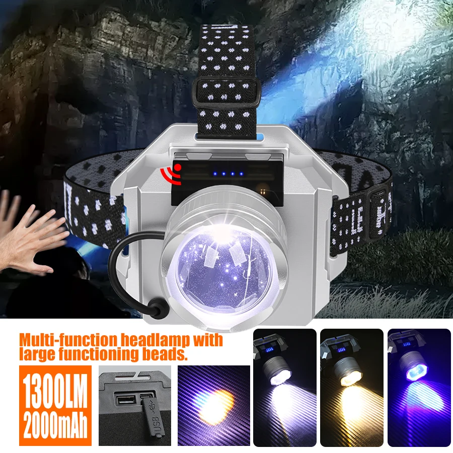 

Налобный фонарь Heinast Hands-Free, корпус из АБС-пластика, двухцветный дисплей мощности, датчик движения, встроенный аккумулятор 18650, для кемпинга и работы