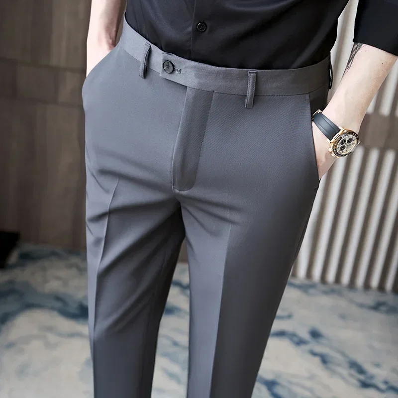 British Style Autumn New Solid High Quality Dress Pant Men Slim Fit Casual Office Trousers Formal Social Wedding Party Suit Pant