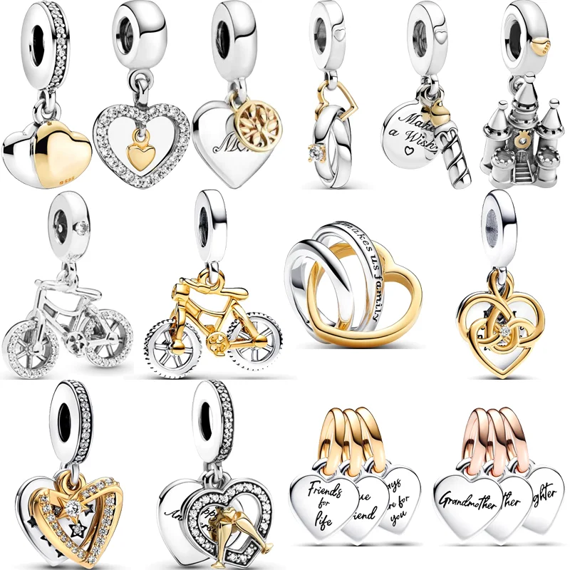 925 Silver Two-tone Heart Ring Mom Tree Bicycle Star Castle Candle Golden Beads Fit Original Pandora Charms Bracelet DIY Jewelry