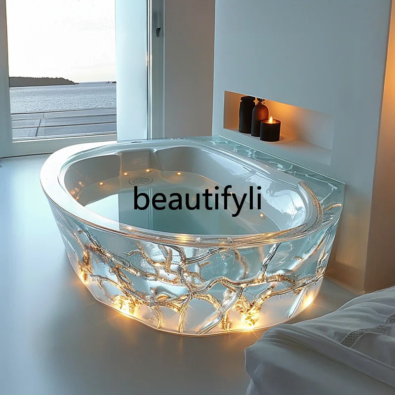 Transparent bathtub AI concept couple freestanding crystal corrugated resin bathtub