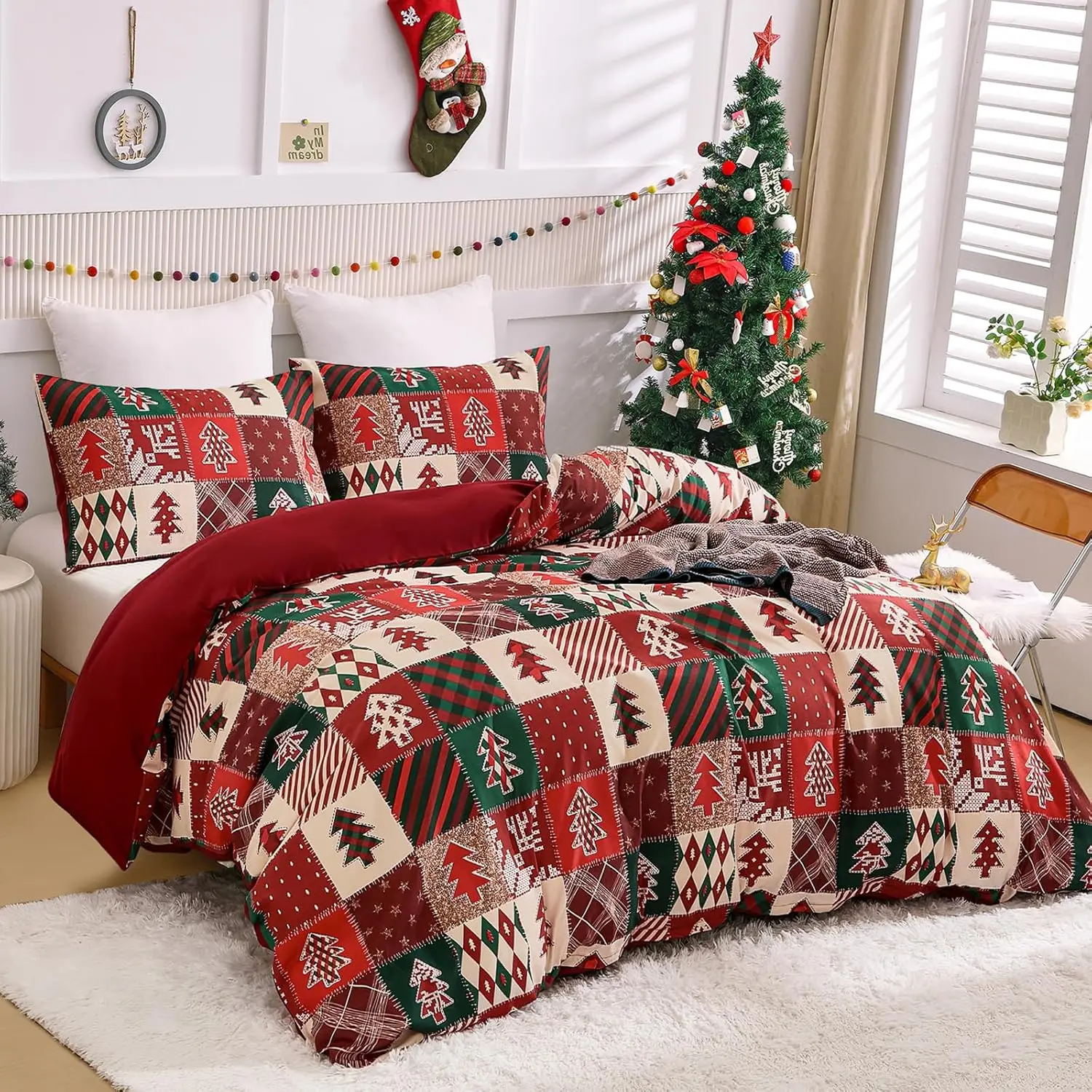 

Christmas Duvet Cover Set Patchwork Plaid Red & Green Christmas Tree Printed Soft Duvet Comforter Covers Bedding Set