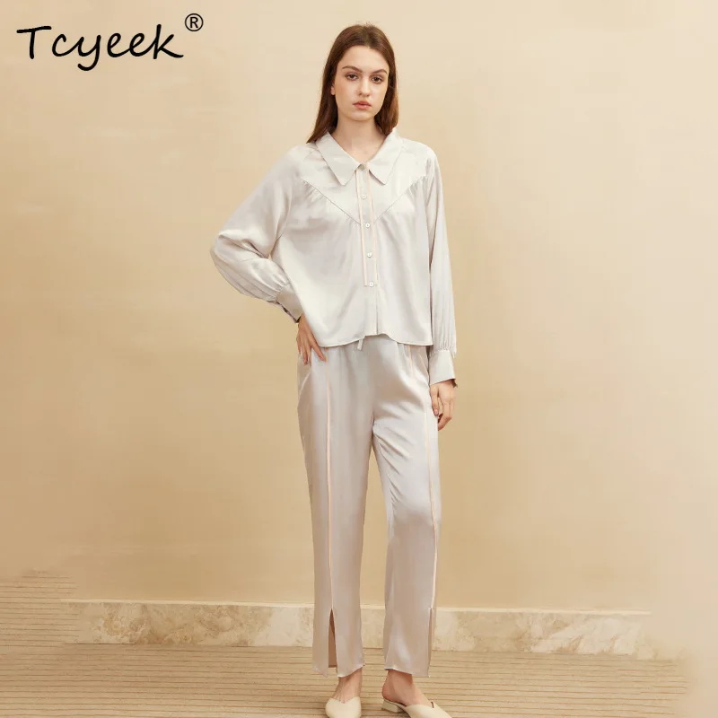 

Tcyeek, 19MM 100%Real Silk Pajamas Set, Women Long Sleeve Top Pants, French Soft Sleep Home Clothes, Summer Autumn S48320QC