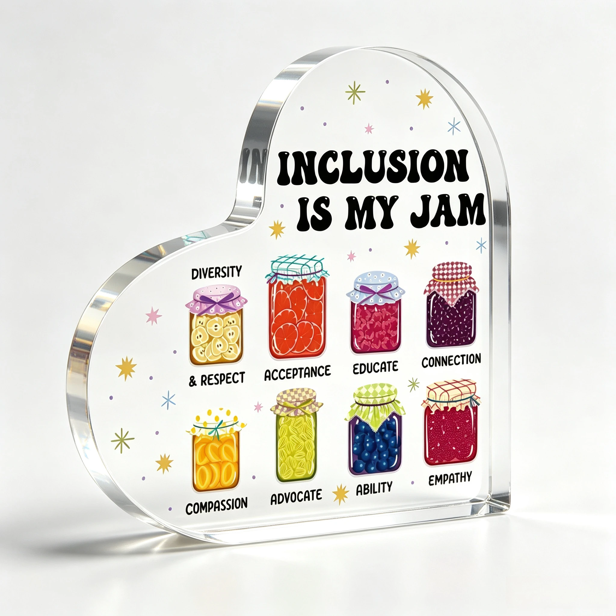 Inclusion Is My Jam Heart‑Shaped Acrylic Tabletop Plaque, Colorful Jam Jars Diversity Respect Desk Decor