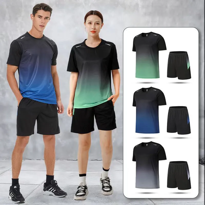 (M-5XL) tuta sportiva Fitness in due pezzi ad asciugatura rapida di colore sfumato per adulti Set pantaloncini da allenamento in palestra traspiranti e larghi t-shirt MM717