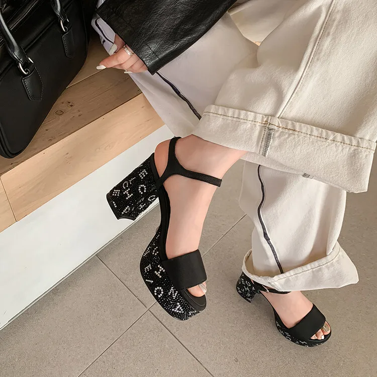 Black Leather Women Platform Sandals Rhinestone Letters Thick Bottom Summer Shoes Chic Design Chunky High Heels Sandalias Mujer