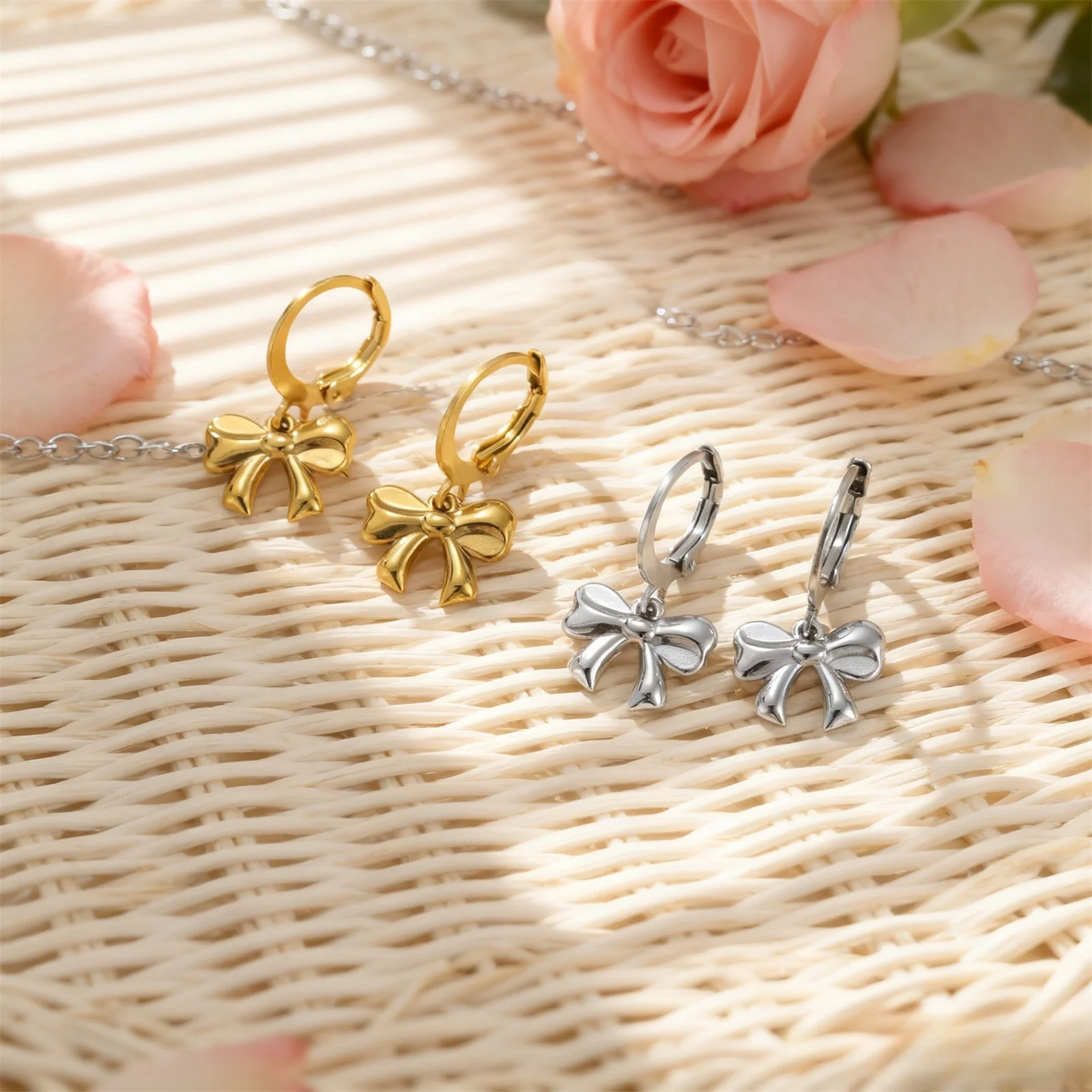 Fashion Bow Hanging Earrings Stainless Steel Romantic Ladies Bow Earrings Flat Head Narrow Ear Buckle Party Jewelry Gifts