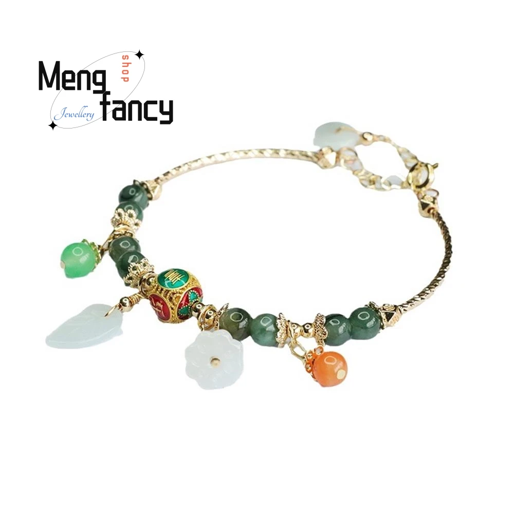 Natural Jadeite Oil Green Jade Leaf Enamel Peace and Joy String Bracelet Exquisite Elegant High-grade Couple Luxury Fine Jewelry