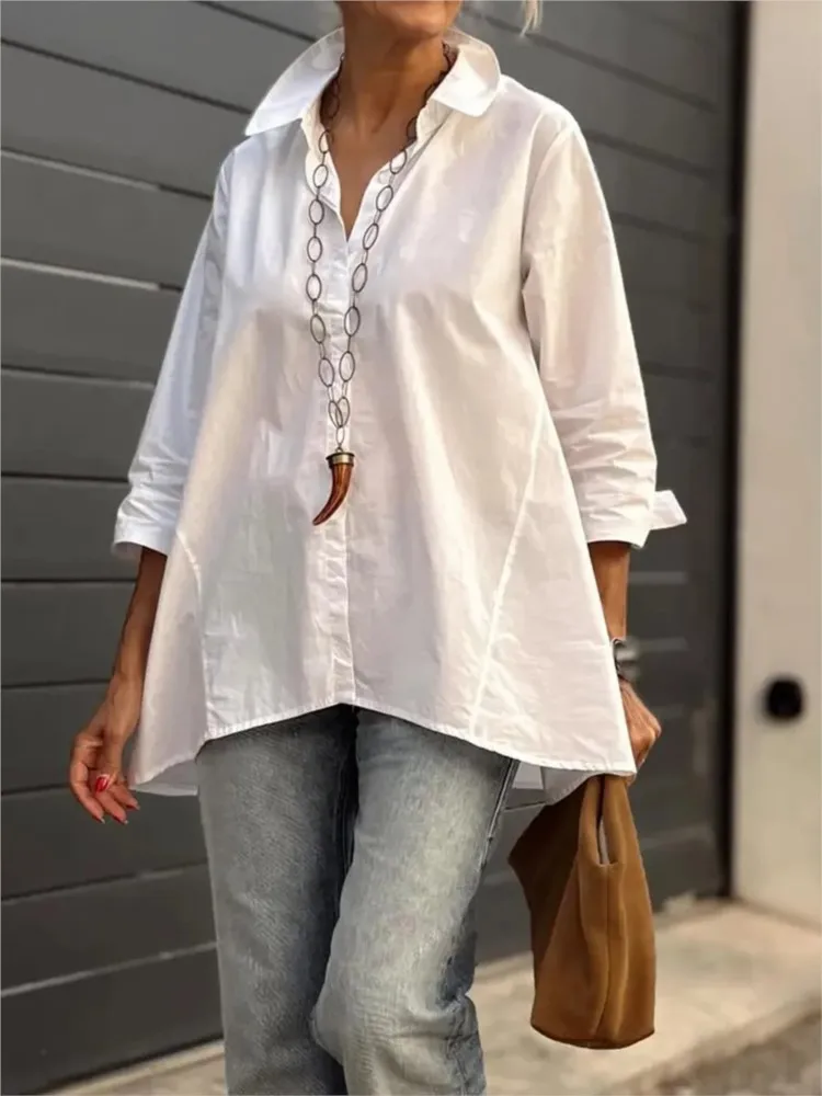 

Woman's Solid Color Office Top Fashion Flip Collar Long Sleeves Loose Shirt Spring Autumn Ladies Single-breasted Buckle Blouses