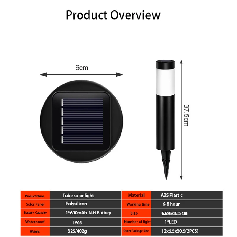 Luzes LED solares cilíndricas ao ar livre, Luzes de tubo longo plug-in impermeáveis, Luzes do jardim