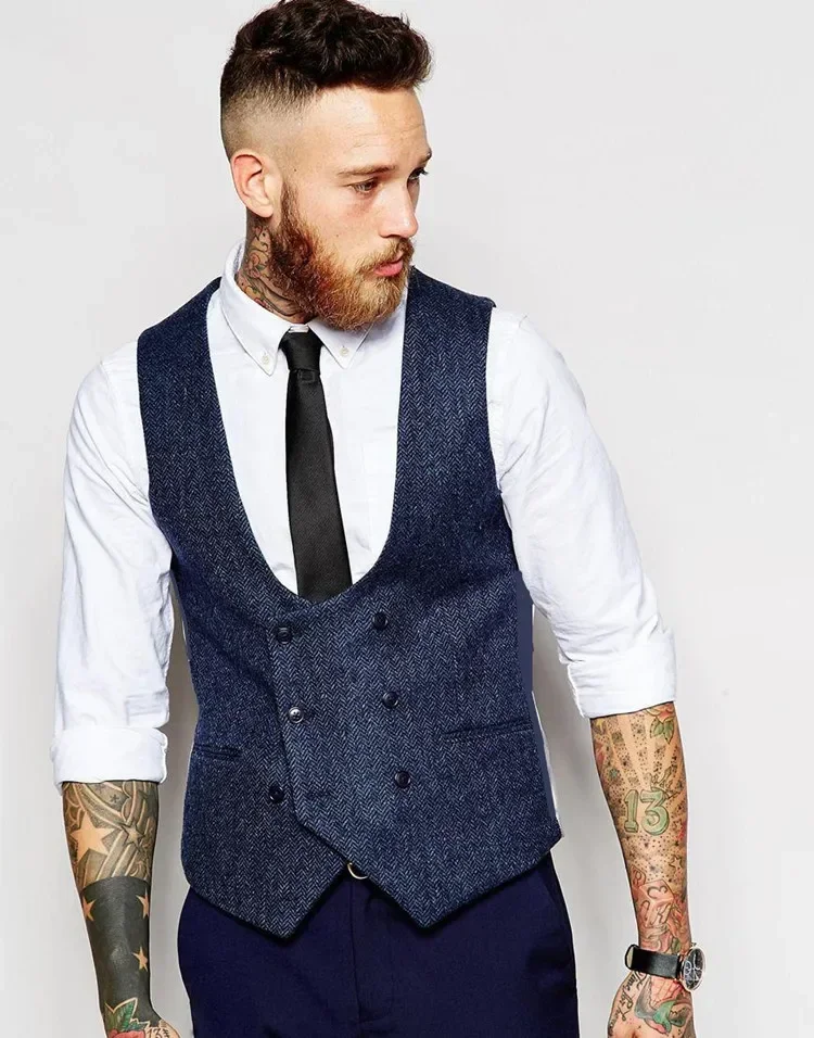 

Navy Blue Double Breasted Tweed Men Vest Warm Elegant Waistcoat Fashion Slim Fit Formal Custom Stylish Vestidos Costume Homme