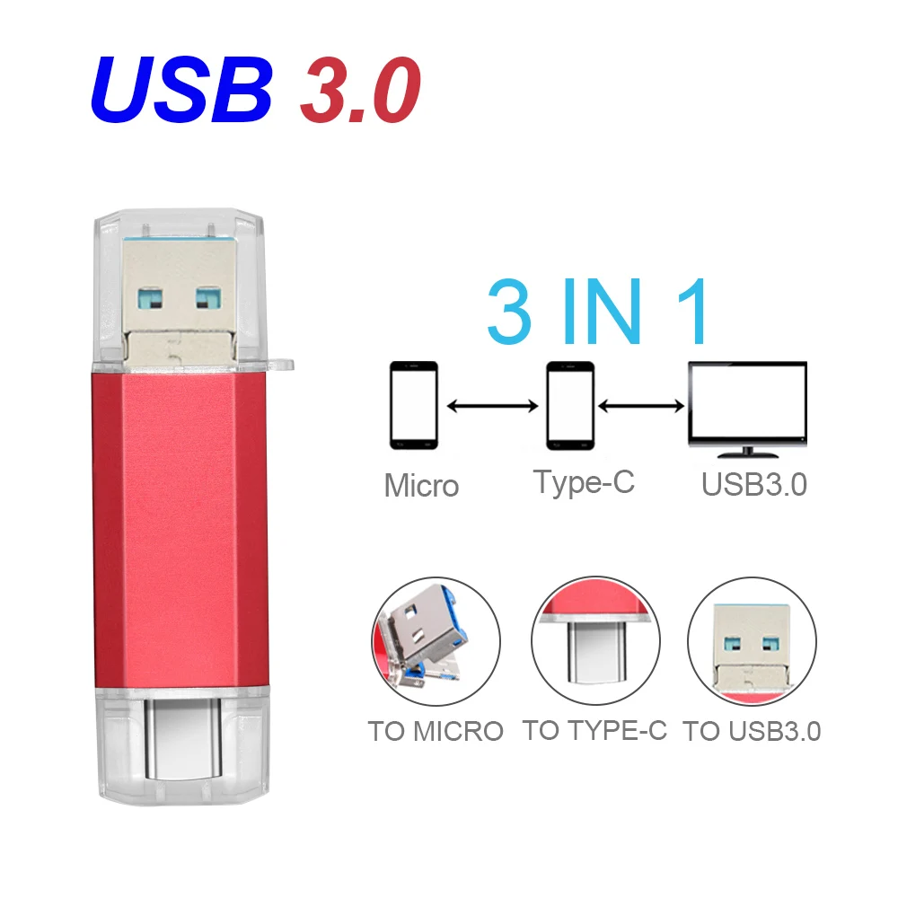 Unidad Flash USB OTG 3 en 1, Pendrive 3,0, tipo C, Micro USB, 32GB, 64GB, 128GB, 256GB