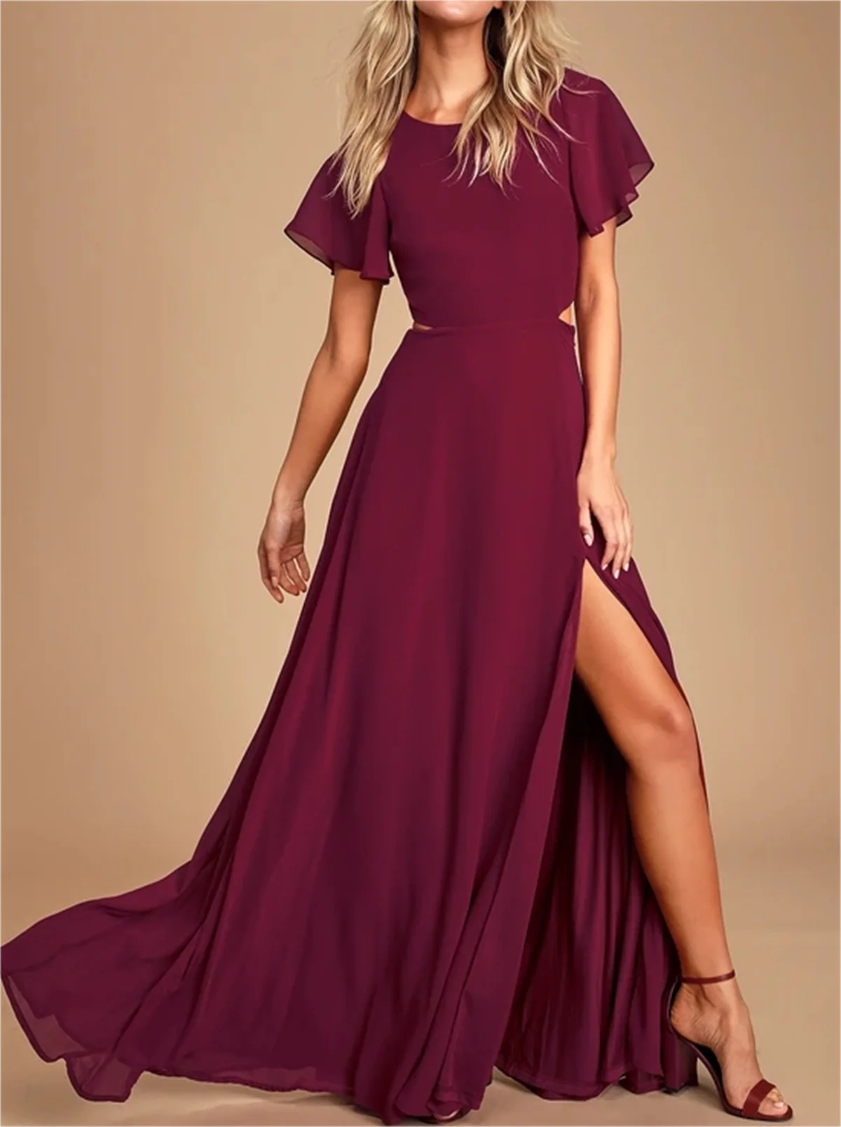 Customized Solid Color Casual Women Evening Dress Ruffle Sleeves High Slit Open Waist Prom Gown Increase Size To Floor Length