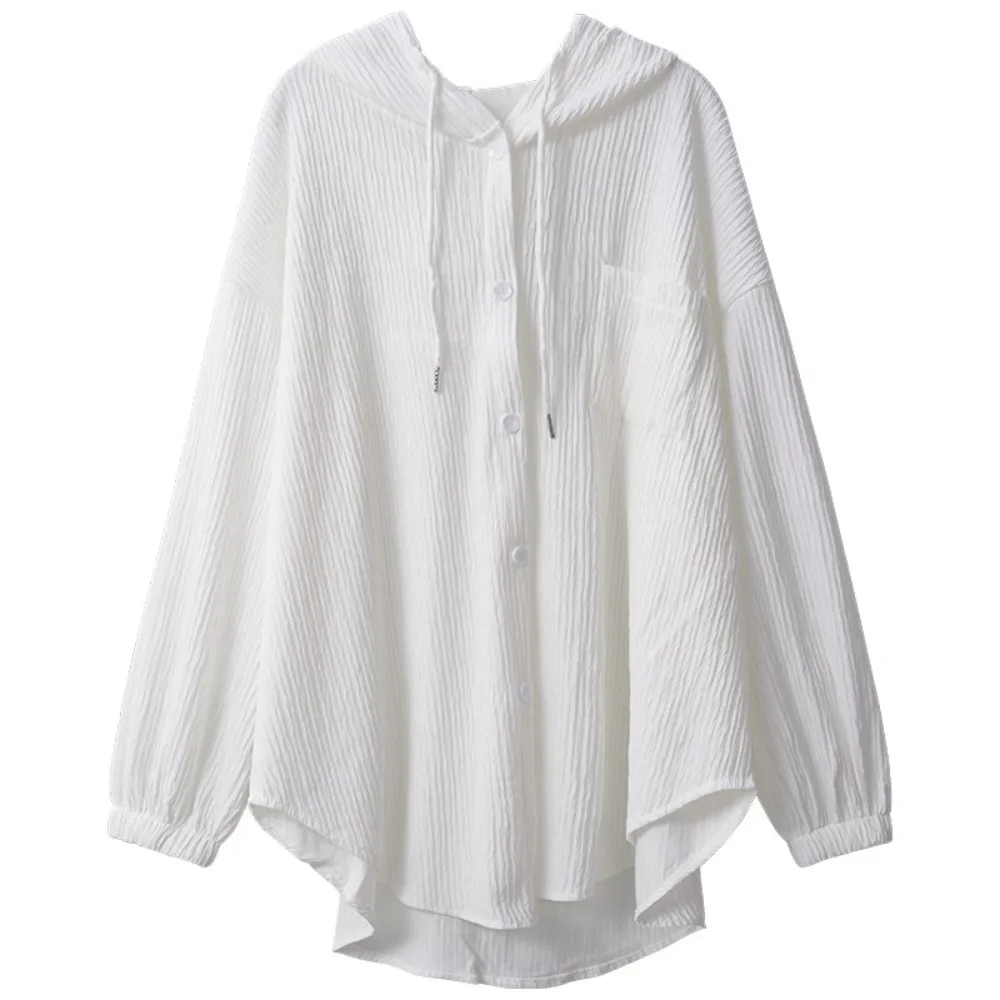 

Fashion Drawstring Hooded Shirt Simple Ice Silk Long Sleeved Hooded Loose Clothing Sun Protection Tops Women