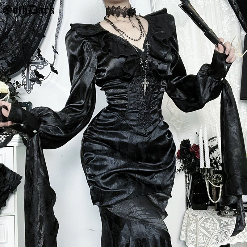 

Goth Dark Ruffled Detail Gothic Blouse Shirts for Women Mall Goth Single Breasted V Neck Lantern Sleeve Tops Cardigans Halloween