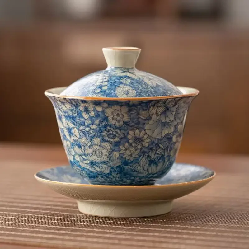 140ML Ru Kiln Flowering Ceramic Sancai Cover Bowl Japanese Zen Hand Grab Bowl Retro Tea Bowl Kung Fu TeaSet Gift Craft Ornaments
