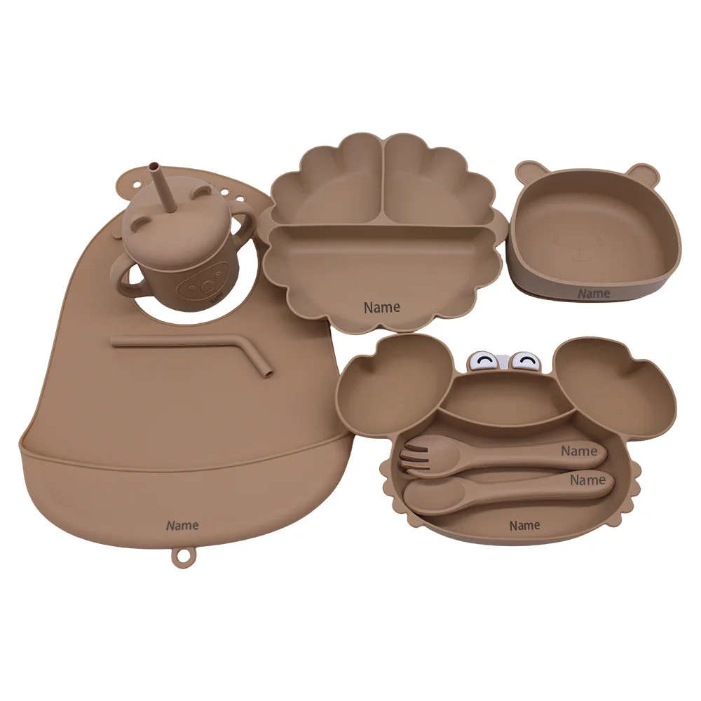 Free Name Printing Children's Tableware Set: Bib, Plate, Cup, Fork & Spoon. Silicone Material. Personalized Gift.
