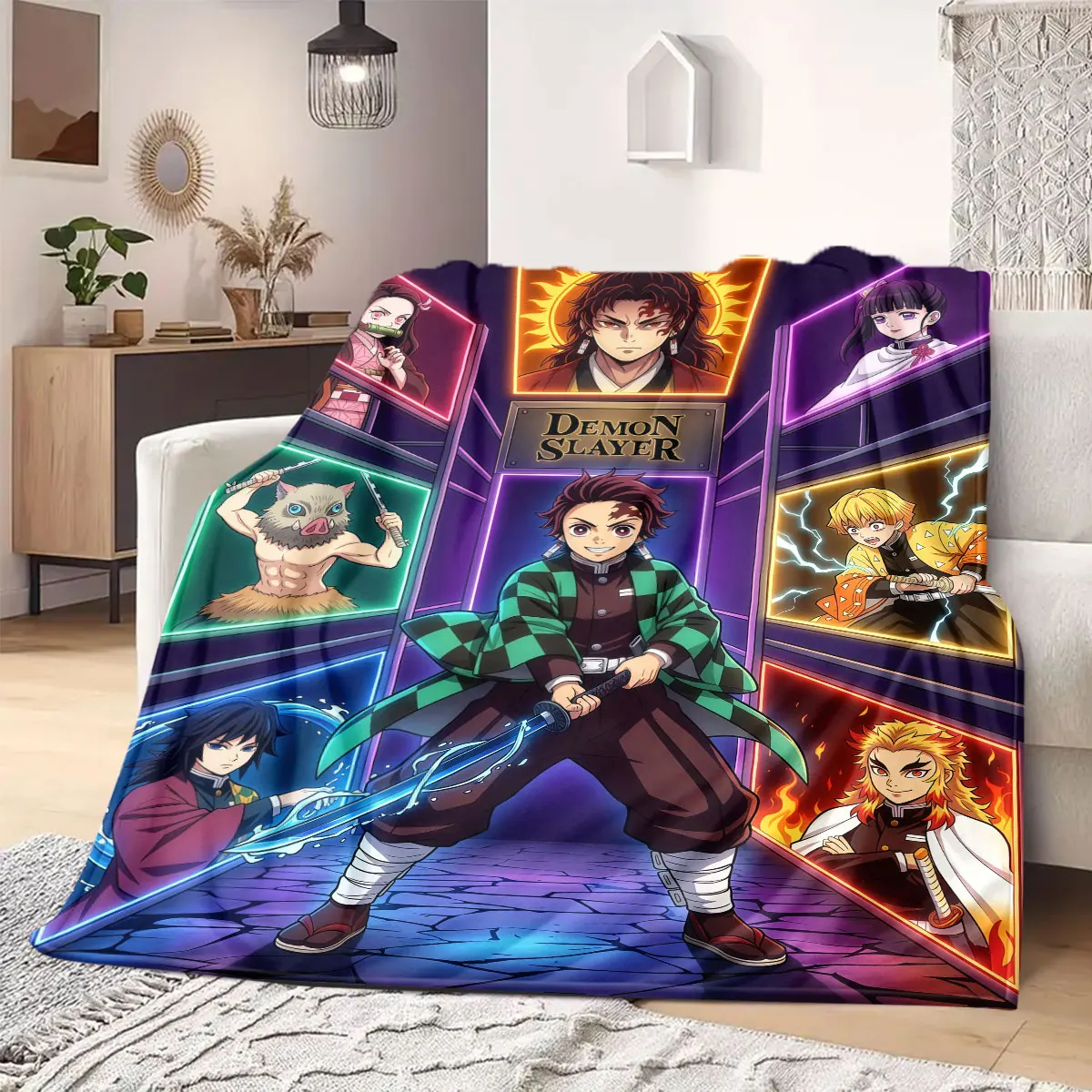 Demon Slayer Fancy Cartoon Flannel Blanket, Print Design for Home, Soft Comfortable Throw for Couch and Outdoor Picnic_LIAN