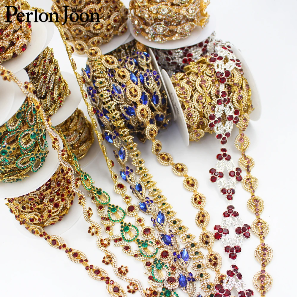 New Gold crystal ribbon colorful applique Rhinestone Trim Chain for women shoes bags clothing decoration accessories ML183-193