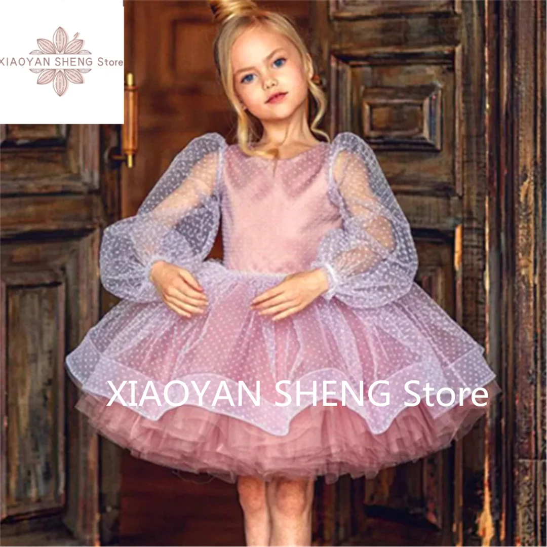 

Kids Surprise Birthday Present Long Sleeved Fluffy Tulle Lace Lovely Flower Girl Dress Princess Ball First Communion Dresses