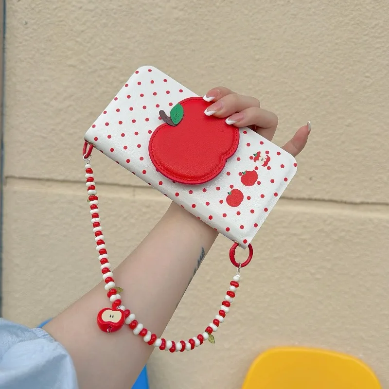 

Red Polka Dot Apple Pattern Flip Leather Phone Case With Mirror & Rope Strap For iPhone 17 16 15 Pro Max Shockproof Wallet Cover