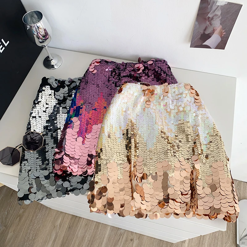 

Contrast Color Sequin Mini Skirt Women Elastic Waist Skirts A-Line High Waist Summer Fashion Korean Shiny Female Skirts