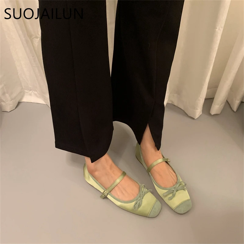 SUOJIALUN Women Flat Shoes Fashion Round Toe Shallow Slip On Ladies Soft Ladies Mary Jane Ballerinas Flat Heel Casual Ballet Sho