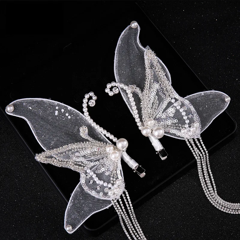 2pcs Handmade Beaded Butterfly Tassel Hair Clip Bridal Wedding Dress Banquet Makeup Headband Hair Accessories Hairband Decor image 6