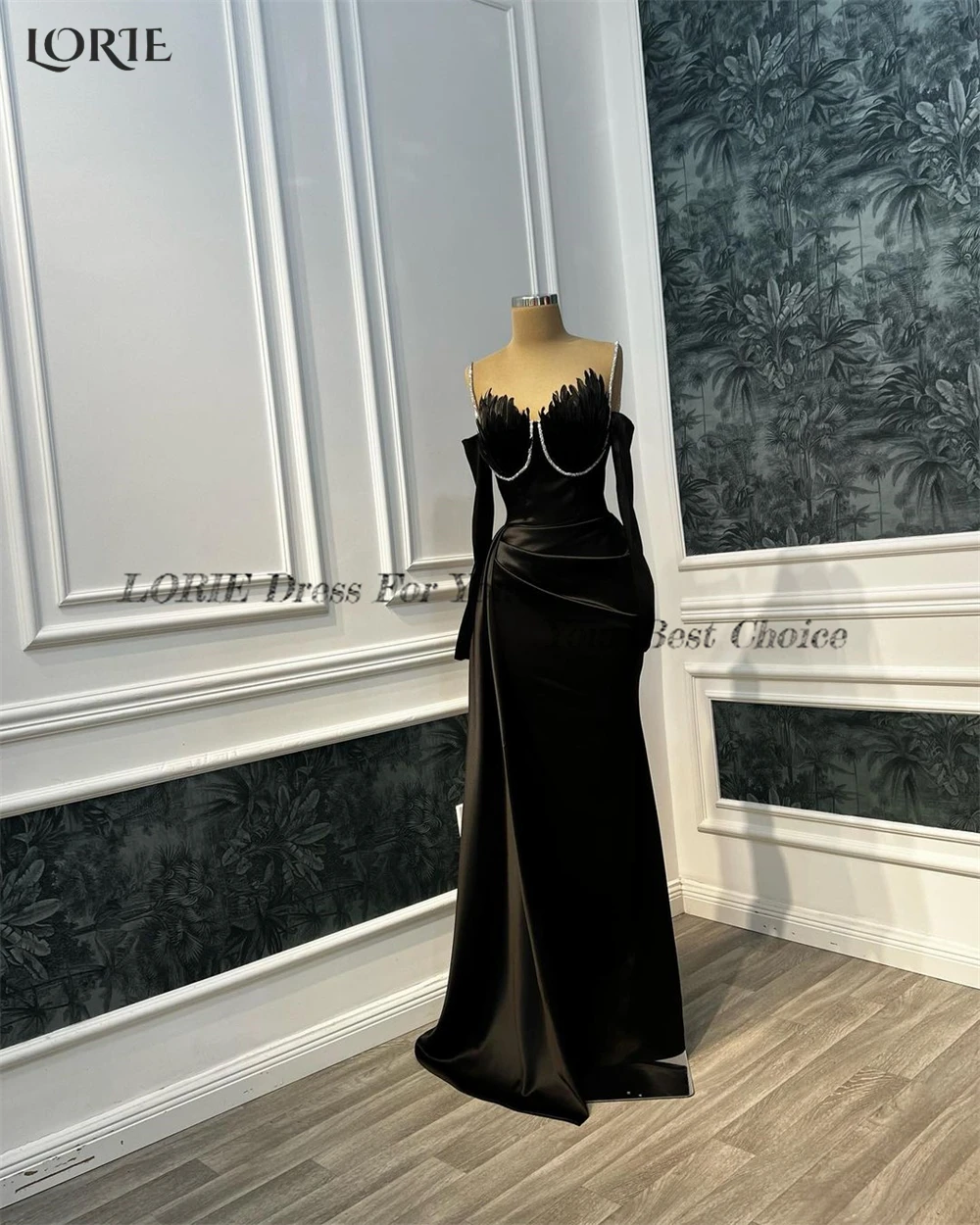 LORIE Luxury Black Mermaid Evening Dresses Shiny Spaghetti Straps Feathers V-Neck Prom Dress Pleated Celebrity Party Gowns 2023