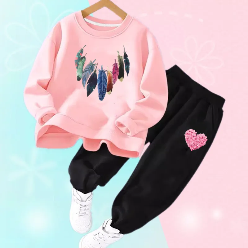 

2024 New Teens Girl Autumn Clothing Suit Feathers Print Fashion Casual Long Sleeve Sweatshirt and Pants Two-Piece Set