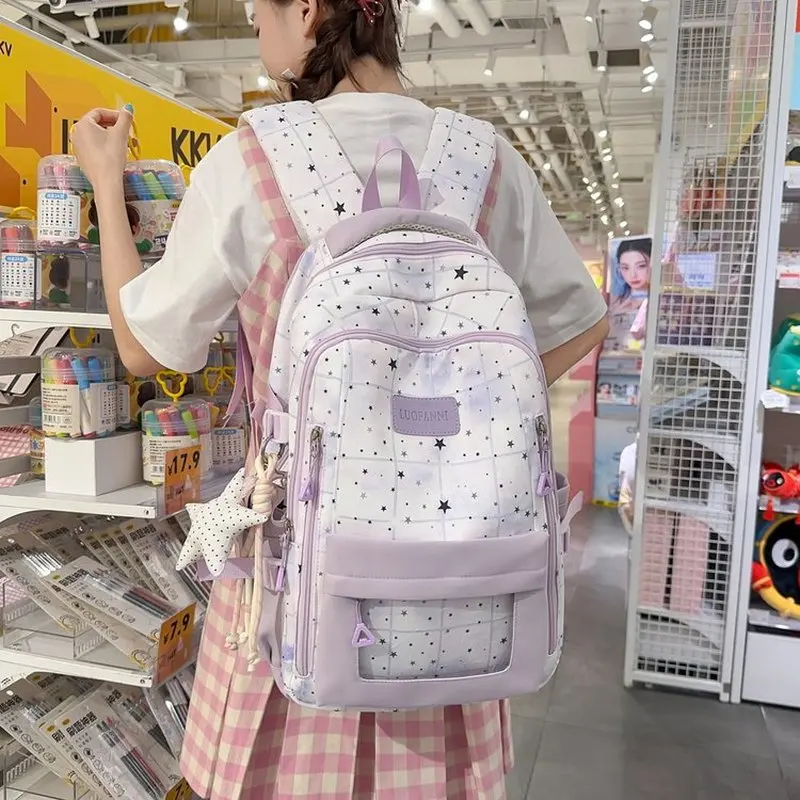 White Black Star Print Backpack With Front Flap Pocket Casual School Travel Daypack Lightweight Sporty Rucksack For Men Women