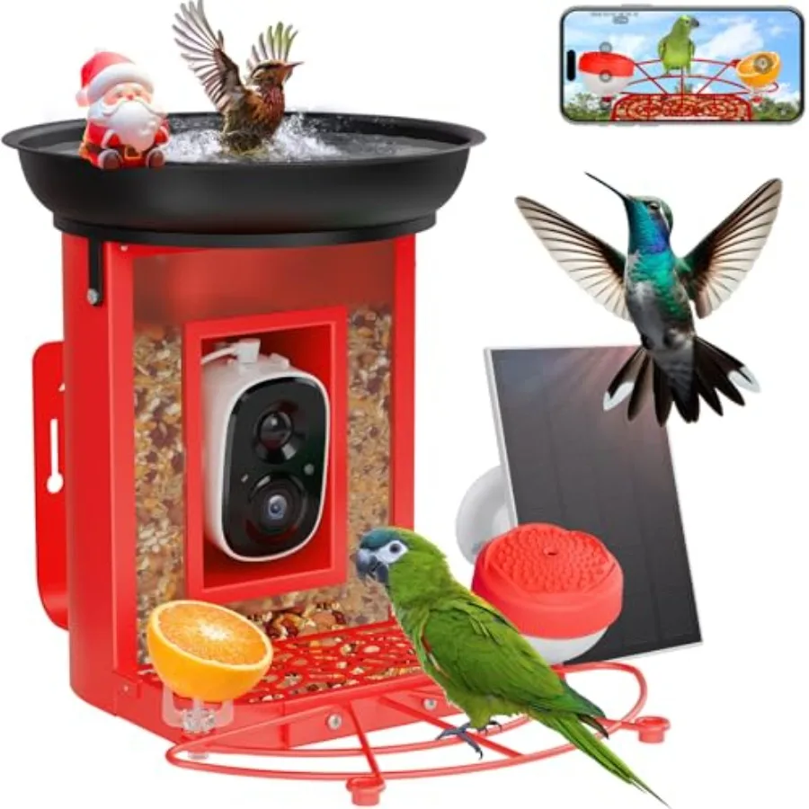

Bird Feeder with Camera 2K for Outdoors: Metal Black 3-in-1 Feeding/Drinking/Bathing AI Bird ID Real-Time Alerts IP65 Squirrel-