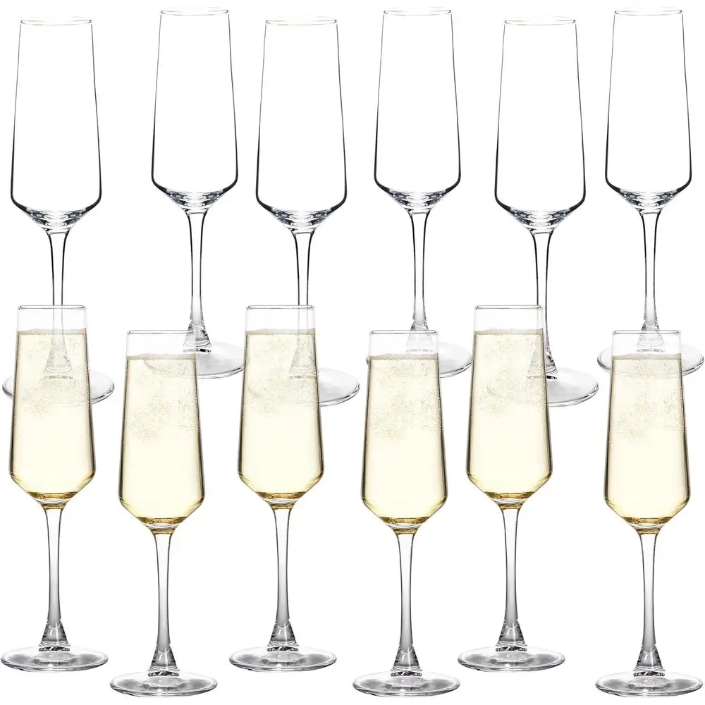 

Set of 12 Champagne Lutes with Unique Shape, Long Stem for Sparkling Wine, Party, Restaurant, Bar, Wine Toasting, Clear