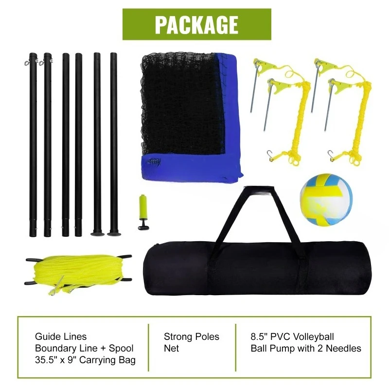 Outdoor Volleyball Net System Adjustable Height Steel Poles W/ PVC Volleyball Pump Carrying Bag for Backyard Beach Lawn