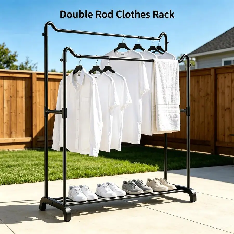 Easy To Assemble Freestanding Double Rod Clothes Rack, Heavy Duty Garment Organizer With Bottom Shoe Storage Shelf, Space Saving