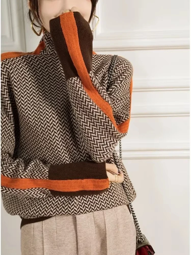 

Winter Women's Turtleneck Sweater Warm Pullover Loose Casual Top Elegant Retro Contrast Color Commuter Friendly