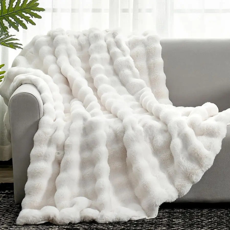 

Faux Fur Throw Blanket for Couch, Fuzzy Soft Plush Thick Bubble Blanket for Sofa Bedroom Living Room, 50 60 Inches Cream White