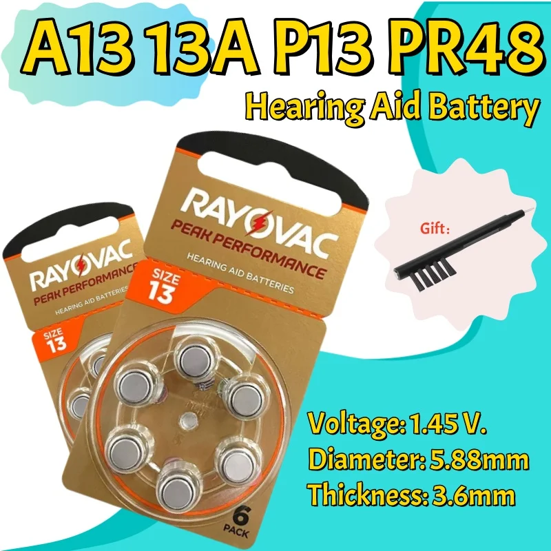 6-60 Uds baterías de audífonos Zinc Air Rayovac Peak tamaño A13 13A 13 P13 PR48 batería de audífono para audífono BTE CIC RIC OE