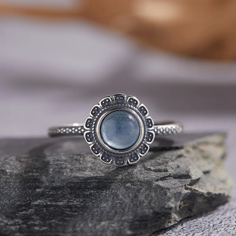New Retro S925 Sterling Silver Ring for Women Natural Agate Color Treasure Flower Thai Silver Ring Fashionable Ethnic Style