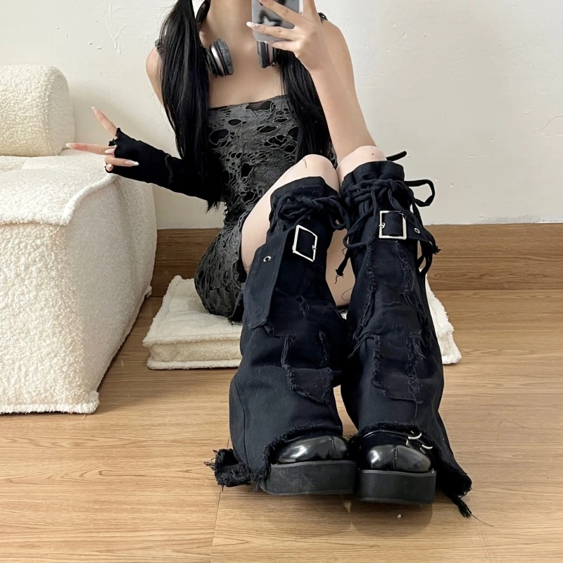 New Fashion Cool Thin Black Denim Leg Covers Vintage Drawstring Strap Punk Cross Design Horn Stacked Socks Women's Leg Warmers