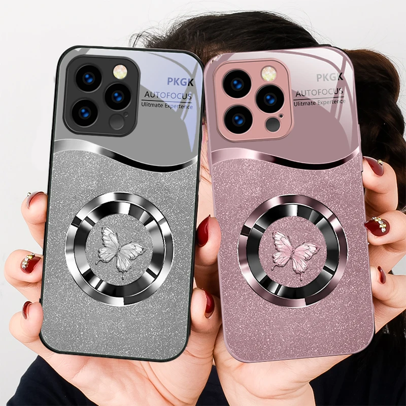 

Circular metal butterfly For iPhone 16 E 15 14 13 Plus 12 mini 11 Pro Max XR Xs X 7 8 P lus 6 6S 16E Tempered Glass Phone Case