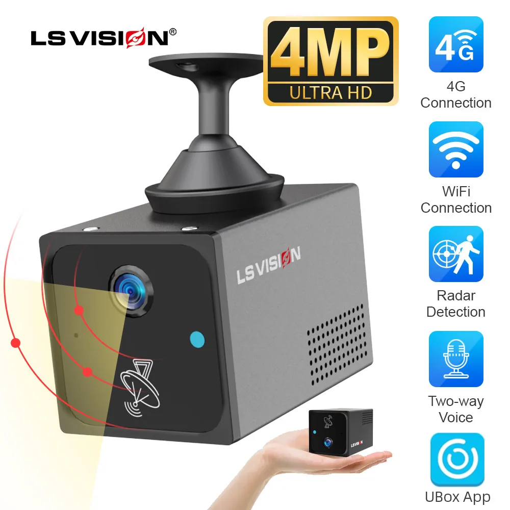 LS VISION 4MP 4G Mini telecamera Wireless WiFi interno Rilevamento radar Visione notturna a colori Batteria incorporata Telecamere di sicurezza App Ubox