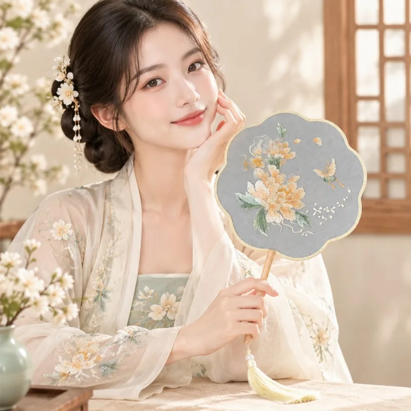Classical Embroidered Hand Fan, Traditional Translucent Floral Design with Elegant Tassel Length, For Cultural Events Cosplay