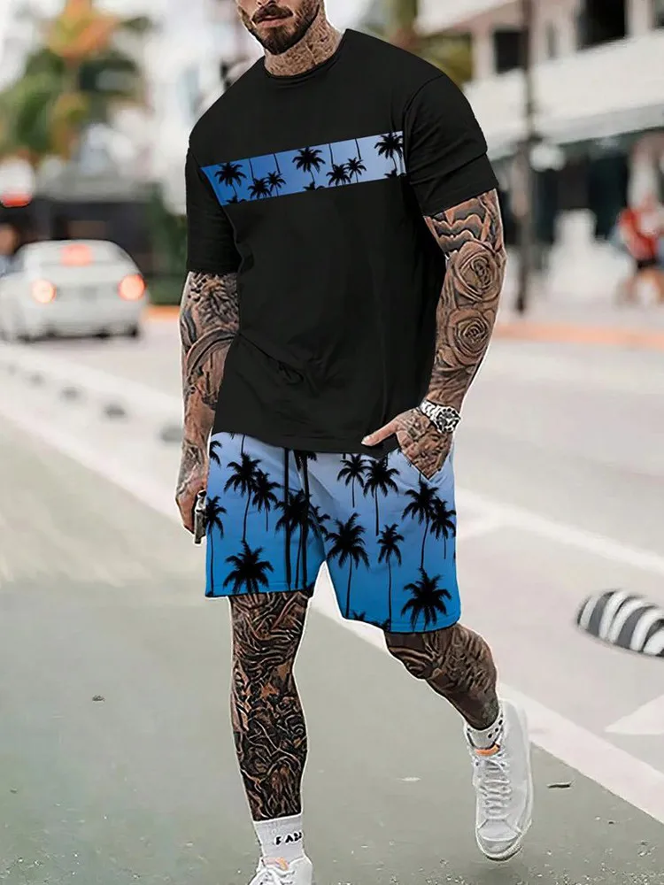 European-style Casual Men's Tracksuit 3D Printed Short Sleeve Lightweight Hawaiian Style 2-piece Street Wear For Daily Commute