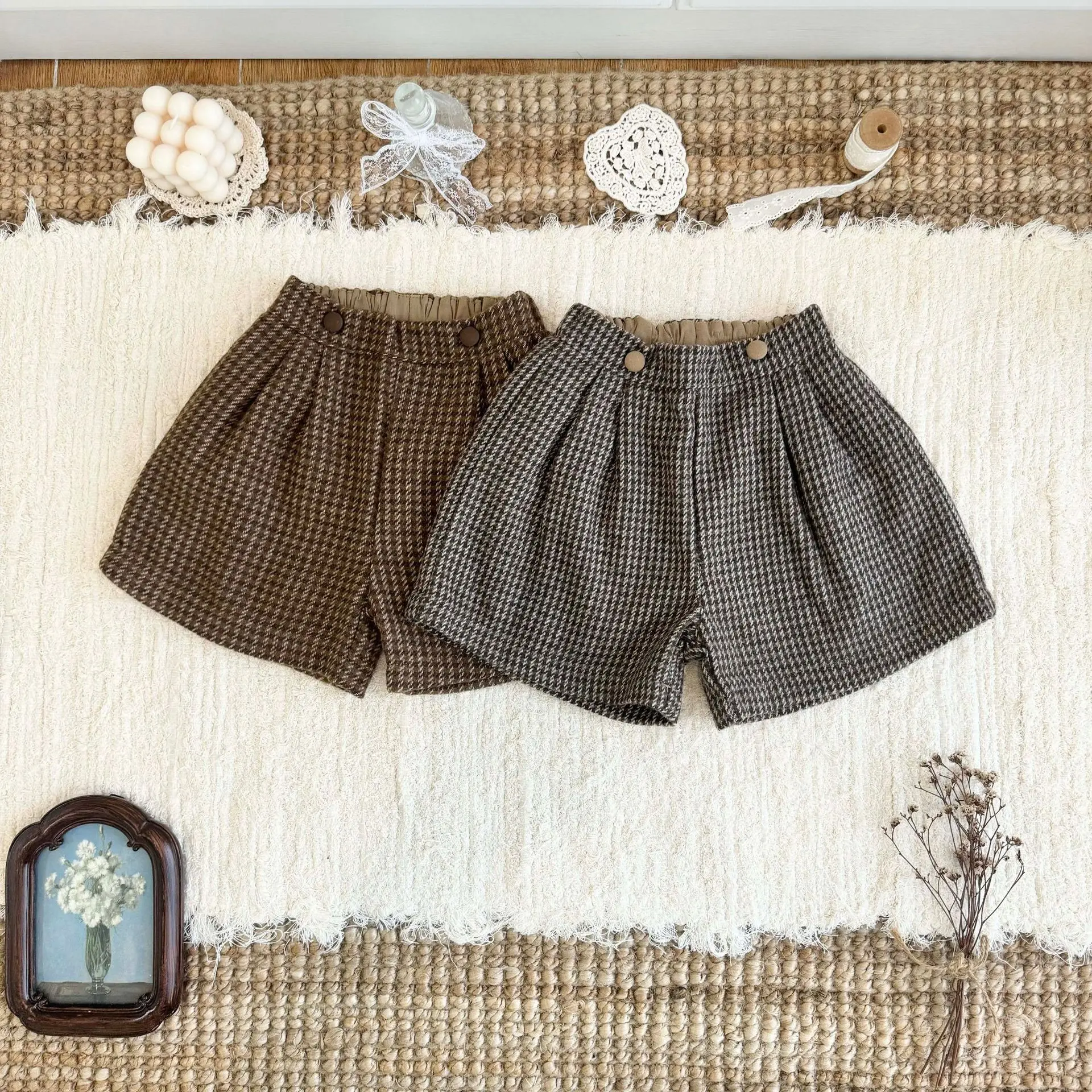 Girls Wool Plaid Shorts Houndstooth Plaid Girls Stylish British Style Boots Pants Suit Shorts Classice Fashion
