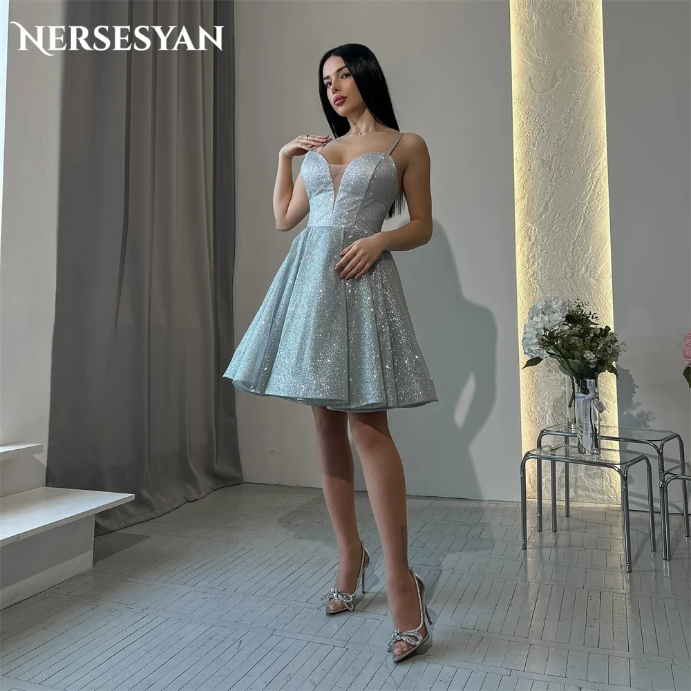 

Nersesyan Elegant Glitter Mini Wedding Dresses A-Line Spaghetti Straps Sequins Bridal Gowns Backless Sparkly V-Neck Bride Dress