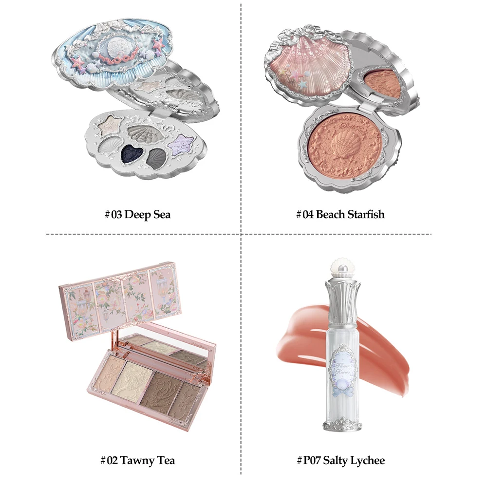 Coffret Maquillage Flower Knows 7 Pièces Palette Coquillage Fard à Paupières Contour Gloss Blush Enlumineur Style Sirène Cadeau Esthétique pour Fille