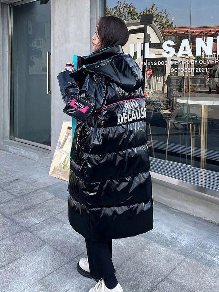 KBAT-Parka brillante à capuche pour femme, manteau de neige épais, veste longue adt, coupe-vent, imperméable, vêtements d\'extérieur chauds, mode