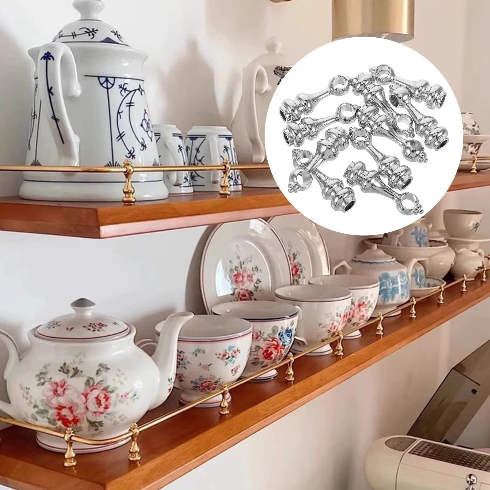 14Pcs Furniture Railing Connectors Golden Metal Spindle Gallery Rail Bracket Ends Shelf Kit Cabinet Railing Spindles Quick Mount