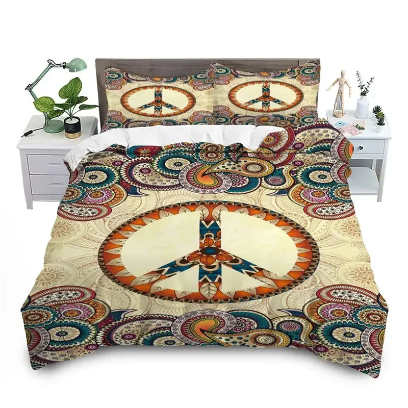 Hippie Psychedelic Peace Symbol Duvet Cover Microfiber Boho Mandala Bedding Set Marijuana Weed Leaf Comforter Cover Queen Size